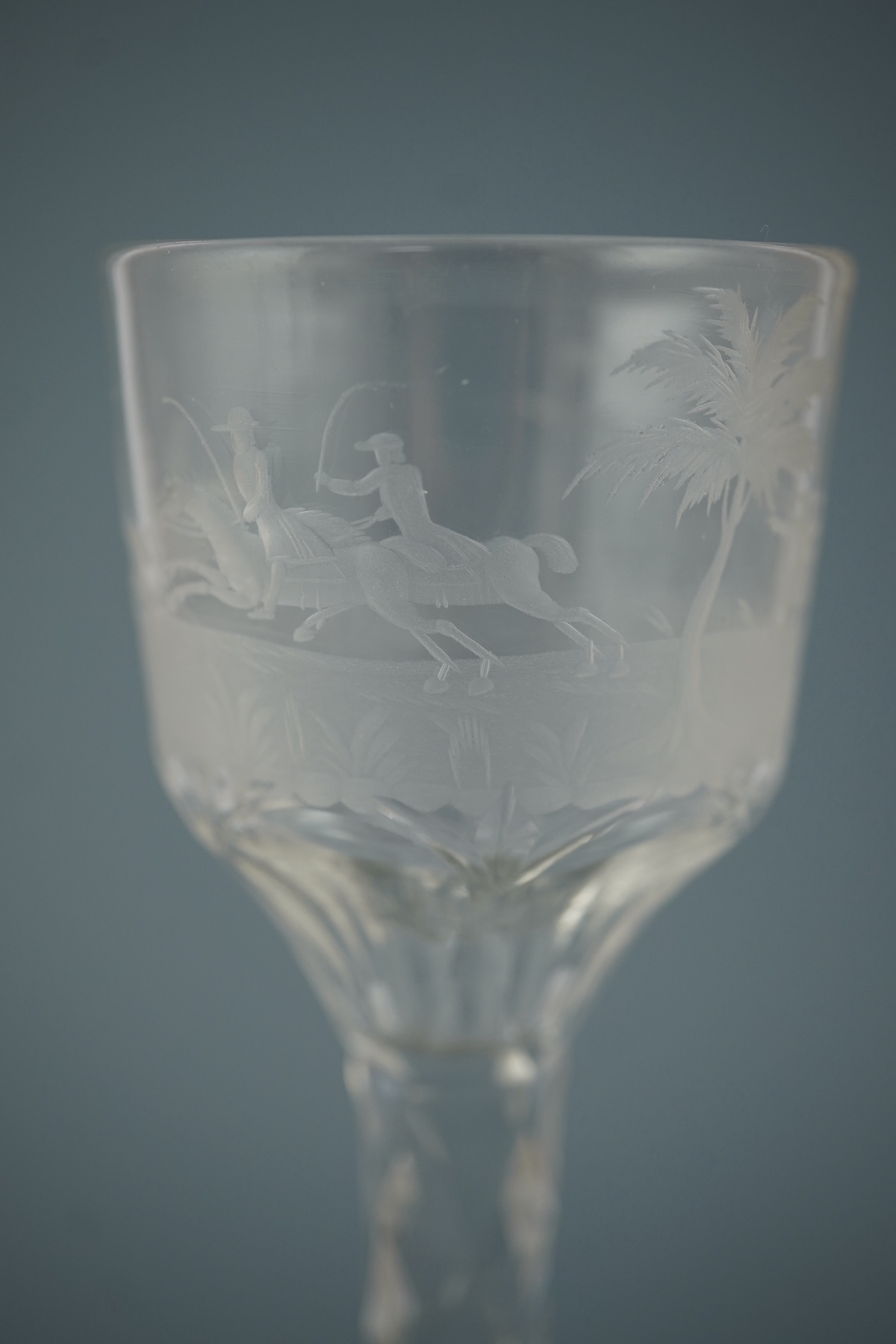 A fine engraved horse racing wine glass, c.1775-85